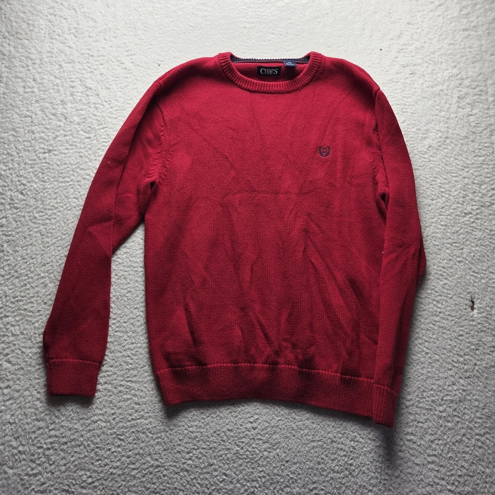 Chaps Sweater Mens Large Red 100% Cotton Crewneck Knit Pullover Logo Casual